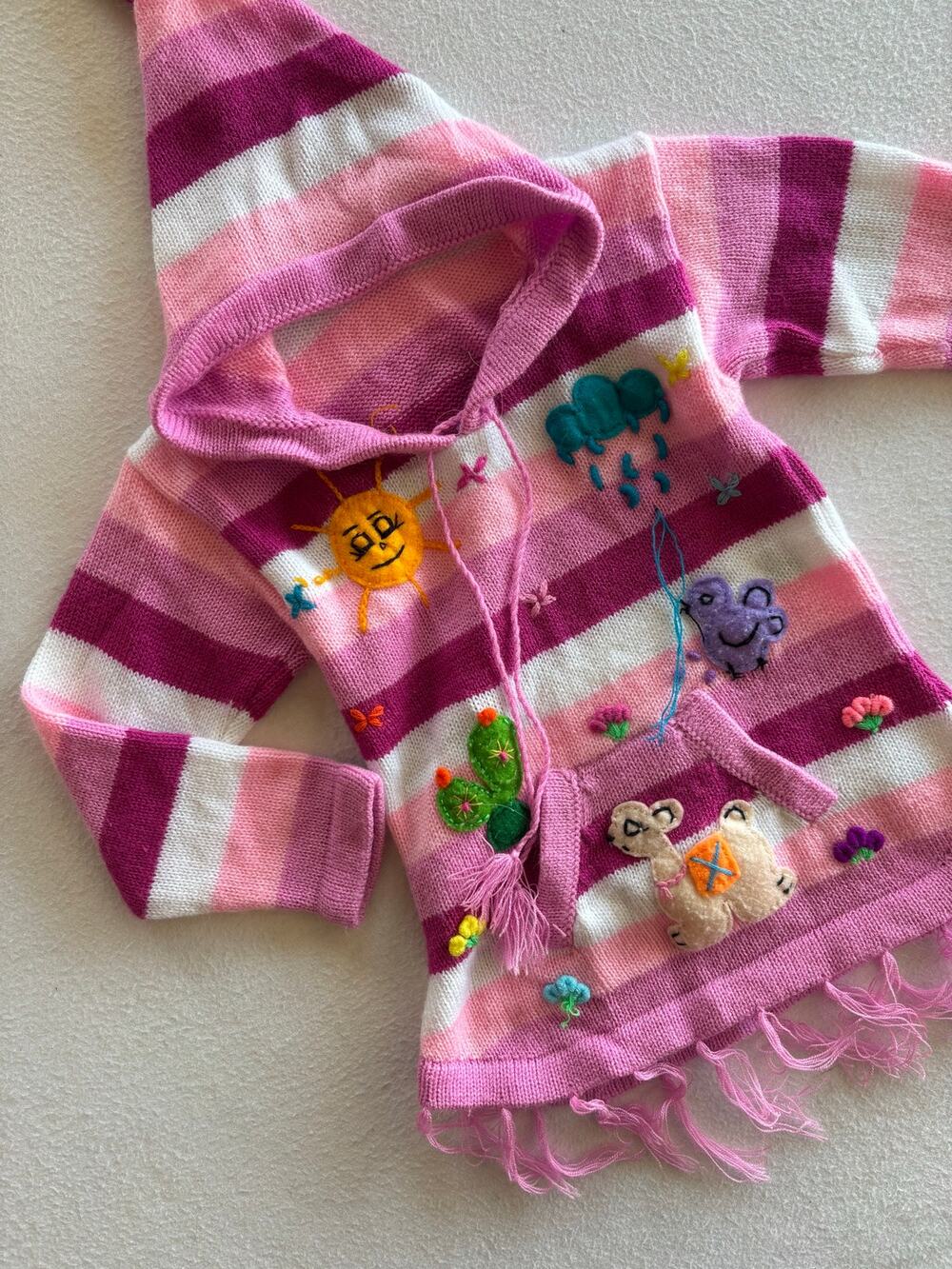 Handmade Peruvian Alpaca Wool Knit Hooded Sweater Girls 3T Embroidered Desert